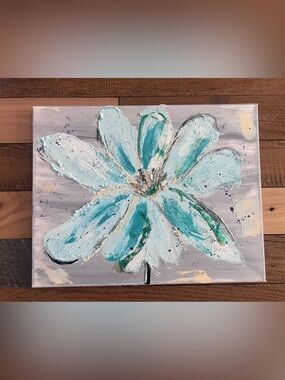 Textured flower Hand-Painted Teal Floral Canvas. 14.5x11.